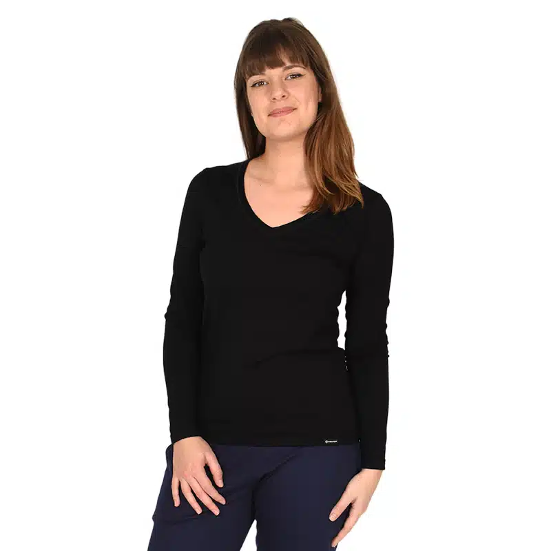 T-shirt femme laine mérinos manches longues col V maille côtelée – Image 2