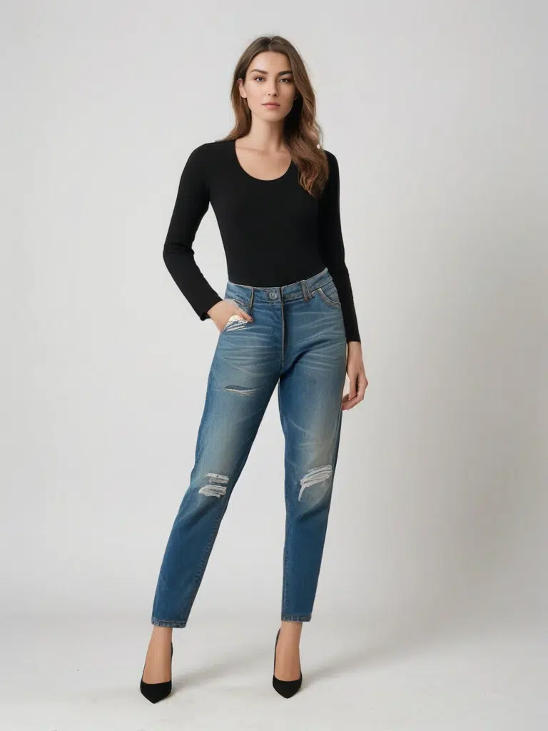 Body femme laine mérinos manches longues col O maille côtelée – Image 2